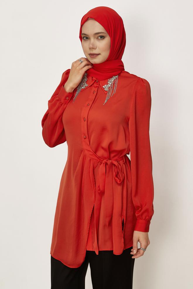 Hijab clothing RED BELTED GEM DETAILED TUNIC 46585 - ALVİNA