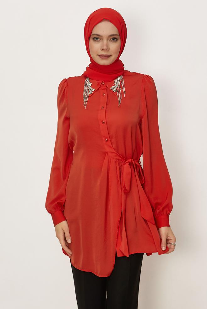 Hijab clothing RED BELTED GEM DETAILED TUNIC 46585 - ALVİNA