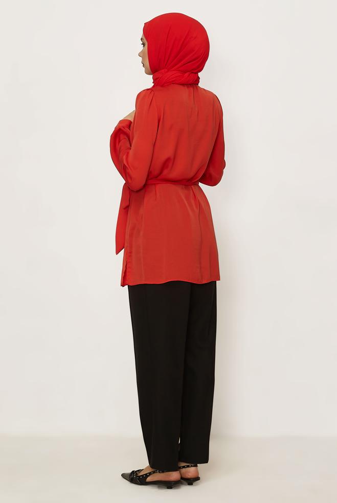 Hijab clothing RED BELTED GEM DETAILED TUNIC 46585 - ALVİNA