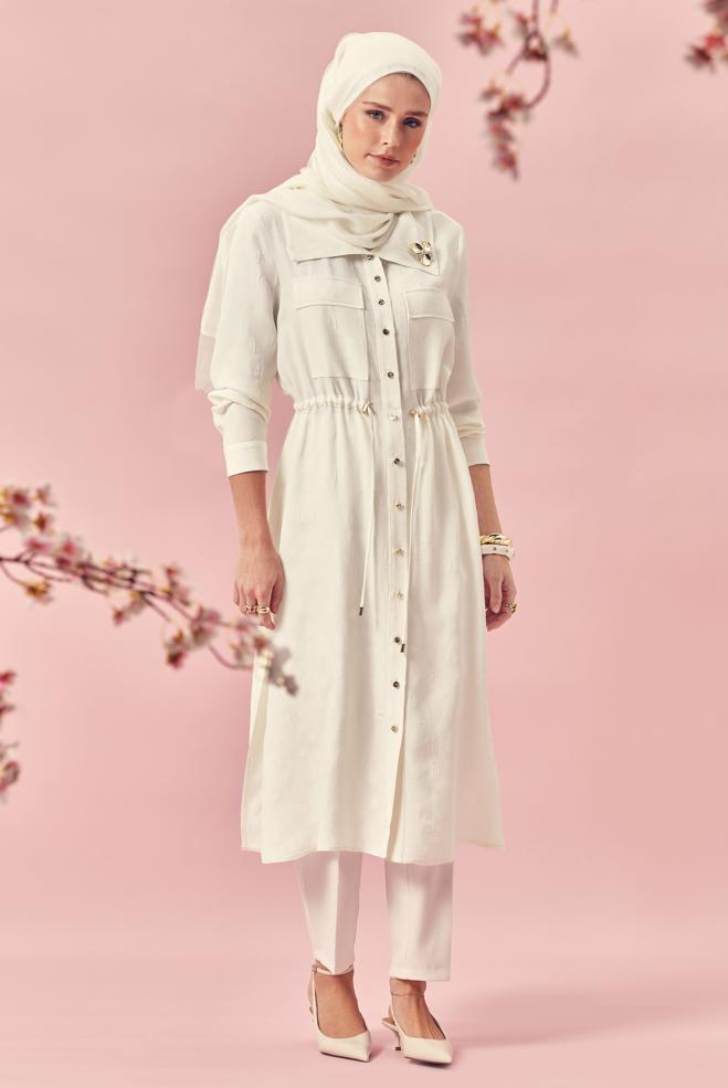 Hijab-Kleidung WEISS GEBUNDENE SATIN-JACQUARD-TUNIKA 46592 - ALVİNA