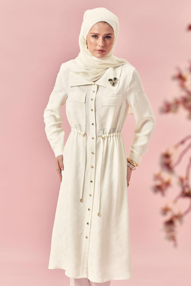 Hijab-Kleidung WEISS GEBUNDENE SATIN-JACQUARD-TUNIKA 46592 - ALVİNA
