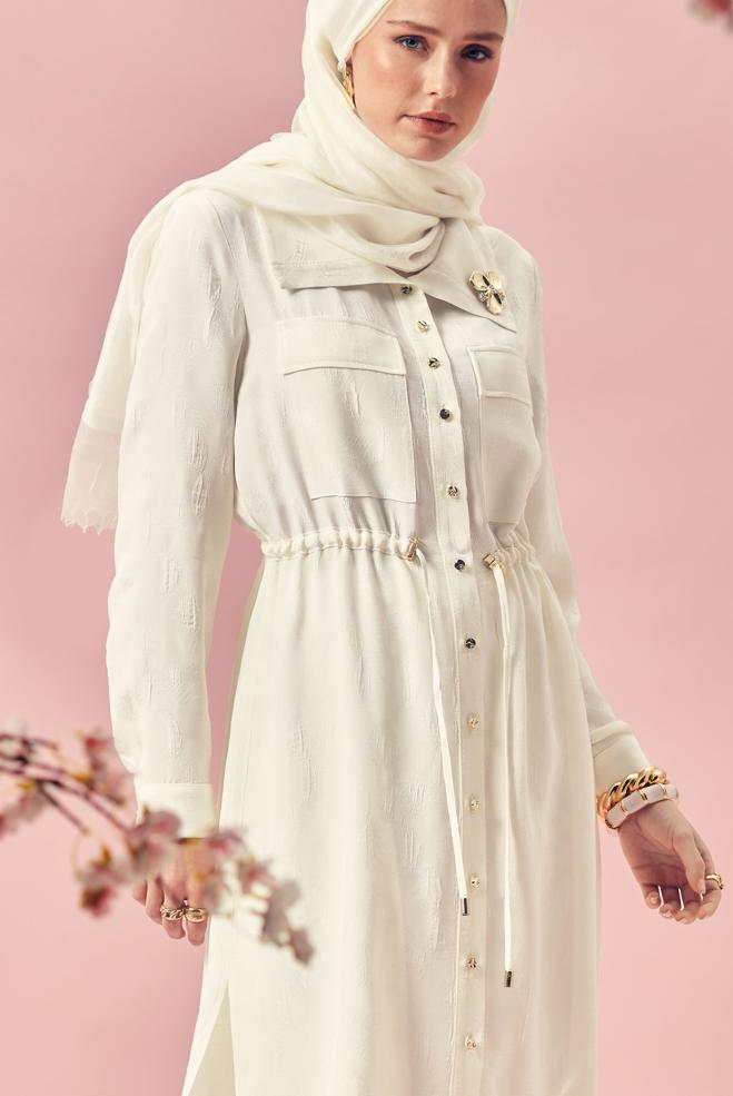 Hijab-Kleidung WEISS GEBUNDENE SATIN-JACQUARD-TUNIKA 46592 - ALVİNA