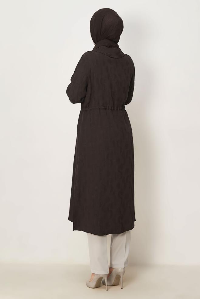 Tesettür giyim KAHVE BAĞCIKLI SATEN JAKAR TUNİK 46592 - ALVİNA