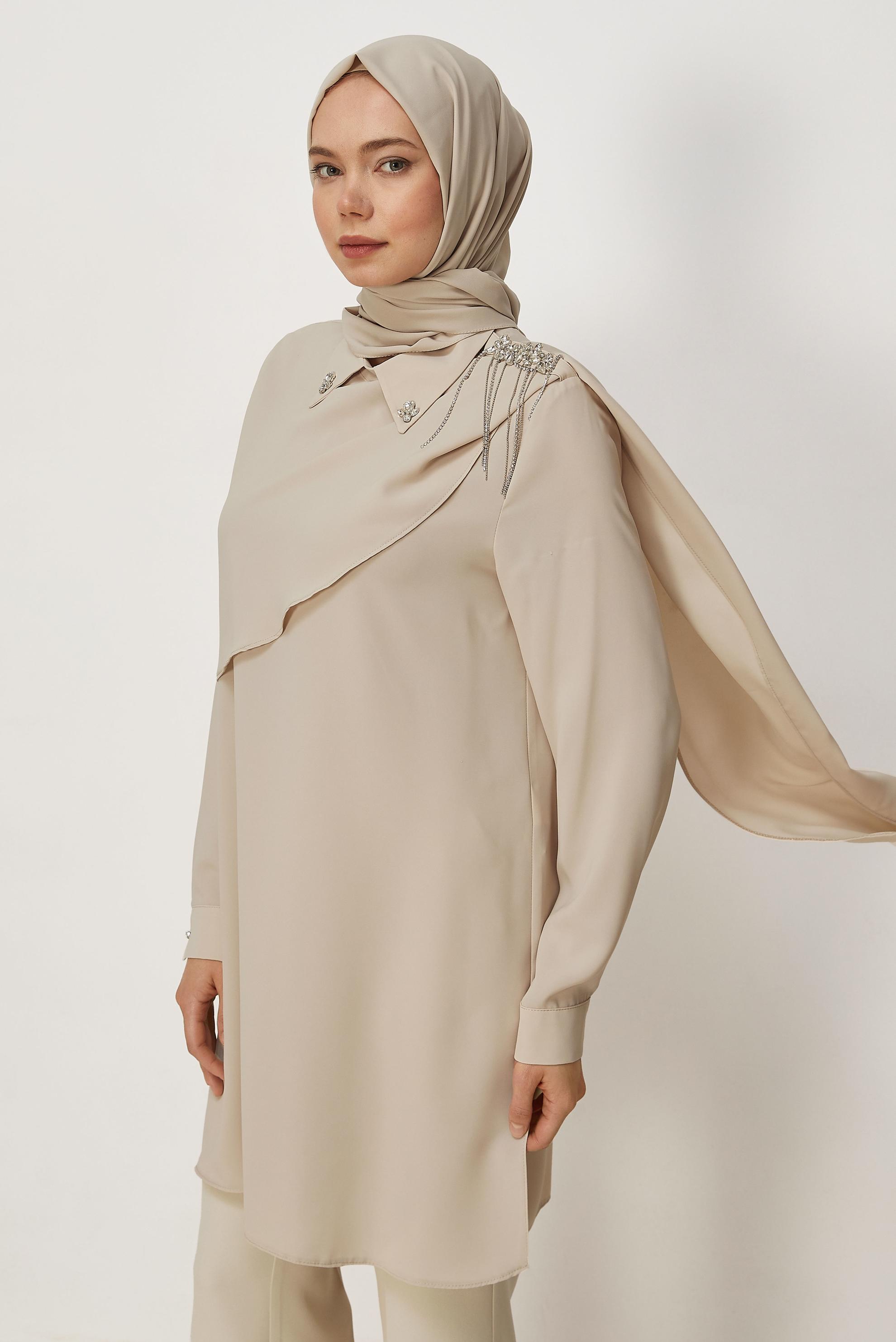 Hijab clothing BEIGE SHAWL DETAILED TUNIC 46616