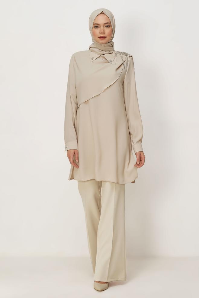 Hijab clothing BEIGE SHAWL DETAILED TUNIC 46616 - ALVİNA