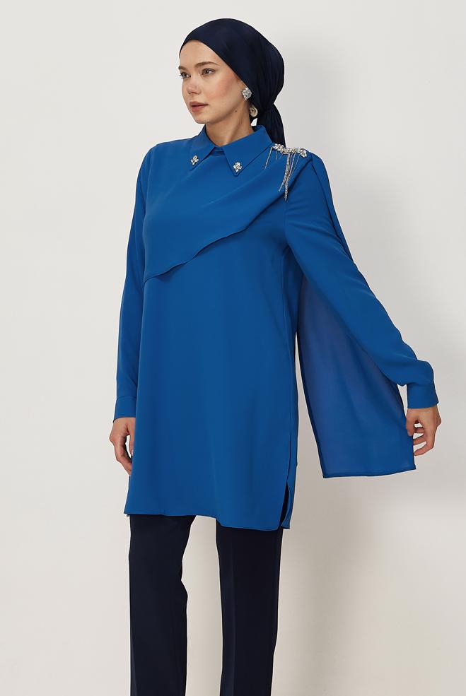 Vêtements hijab BLEU MARINE TUNIQUE DÉTAILLÉE CHÂLE 46616 - ALVİNA