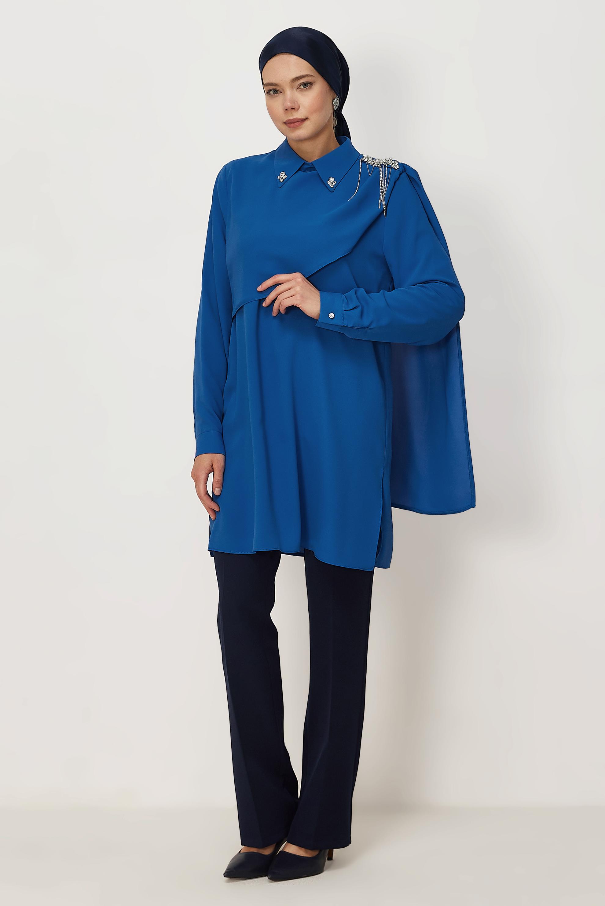 Vêtements hijab BLEU MARINE TUNIQUE DÉTAILLÉE CHÂLE 46616