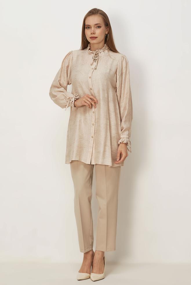Hijab clothing BEIGE TIED JACQUARD TUNIC 46617 - ALVİNA