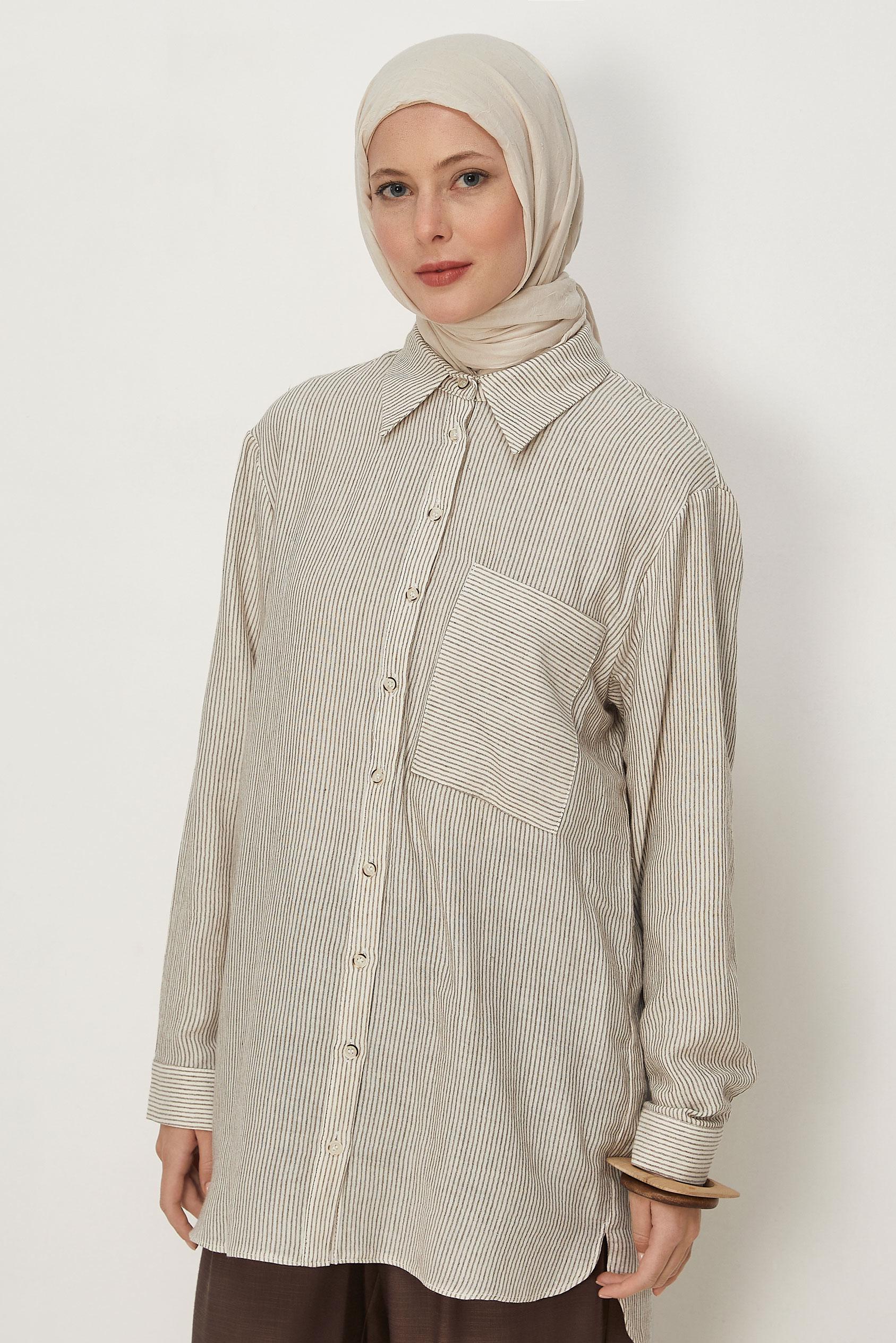 Tesettür giyim KAHVE ÇİZGİLİ MÜSLİN TUNİK 46683