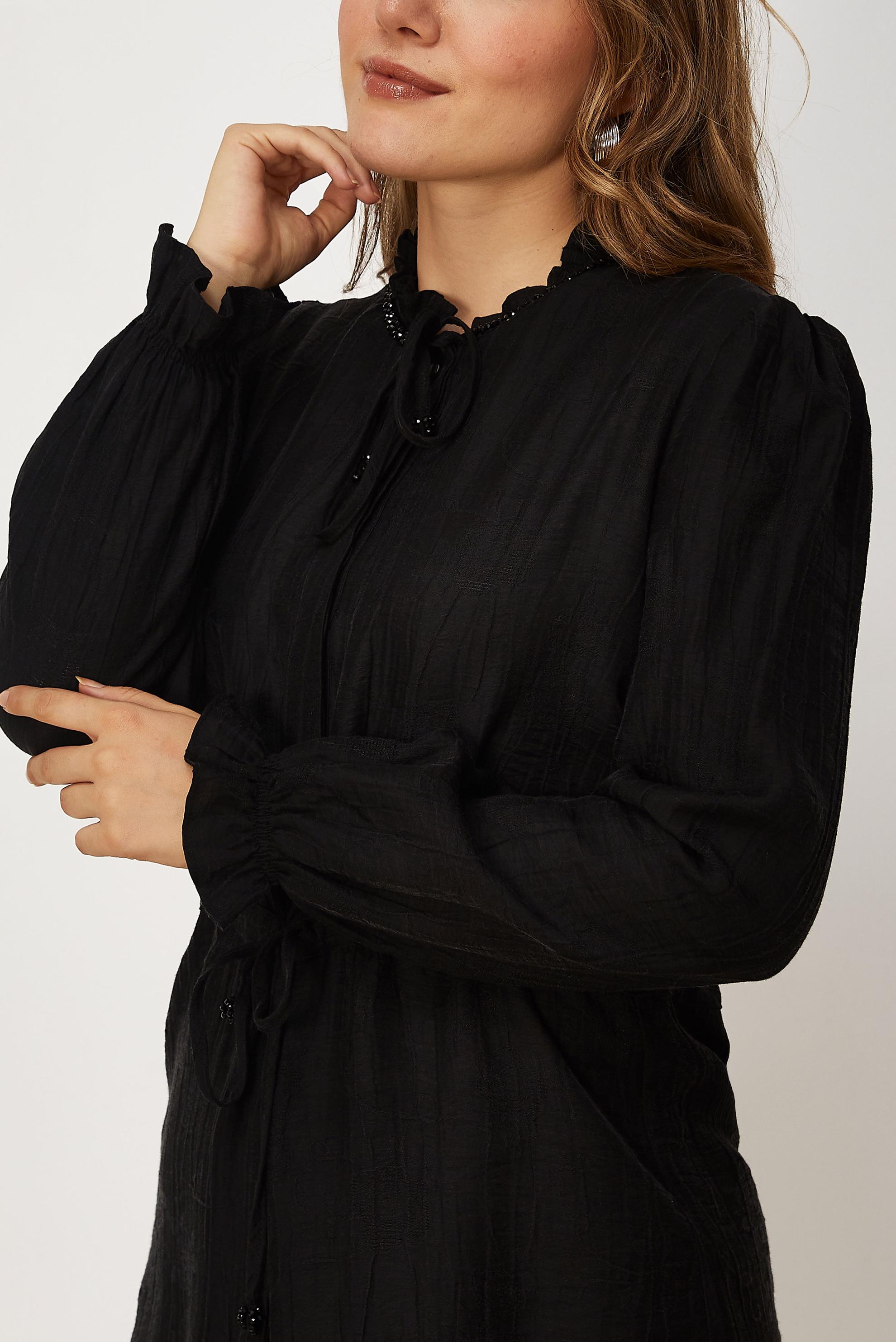 Tesettür giyim SİYAH BELİ BÜZGÜLÜ TUNİK 46706