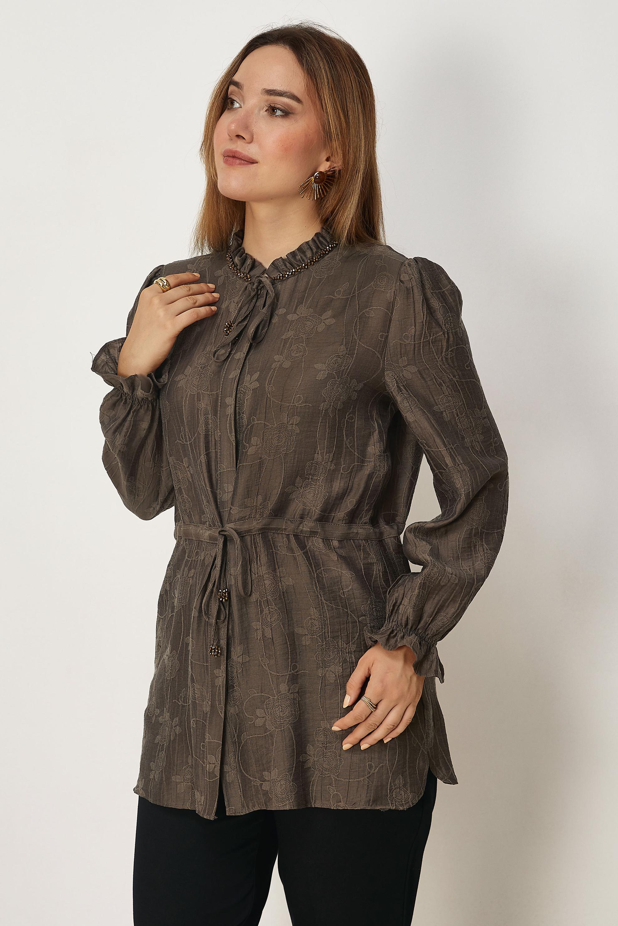 Tesettür giyim KAHVE BELİ BAĞCIKLI JAKAR TUNİK 46706