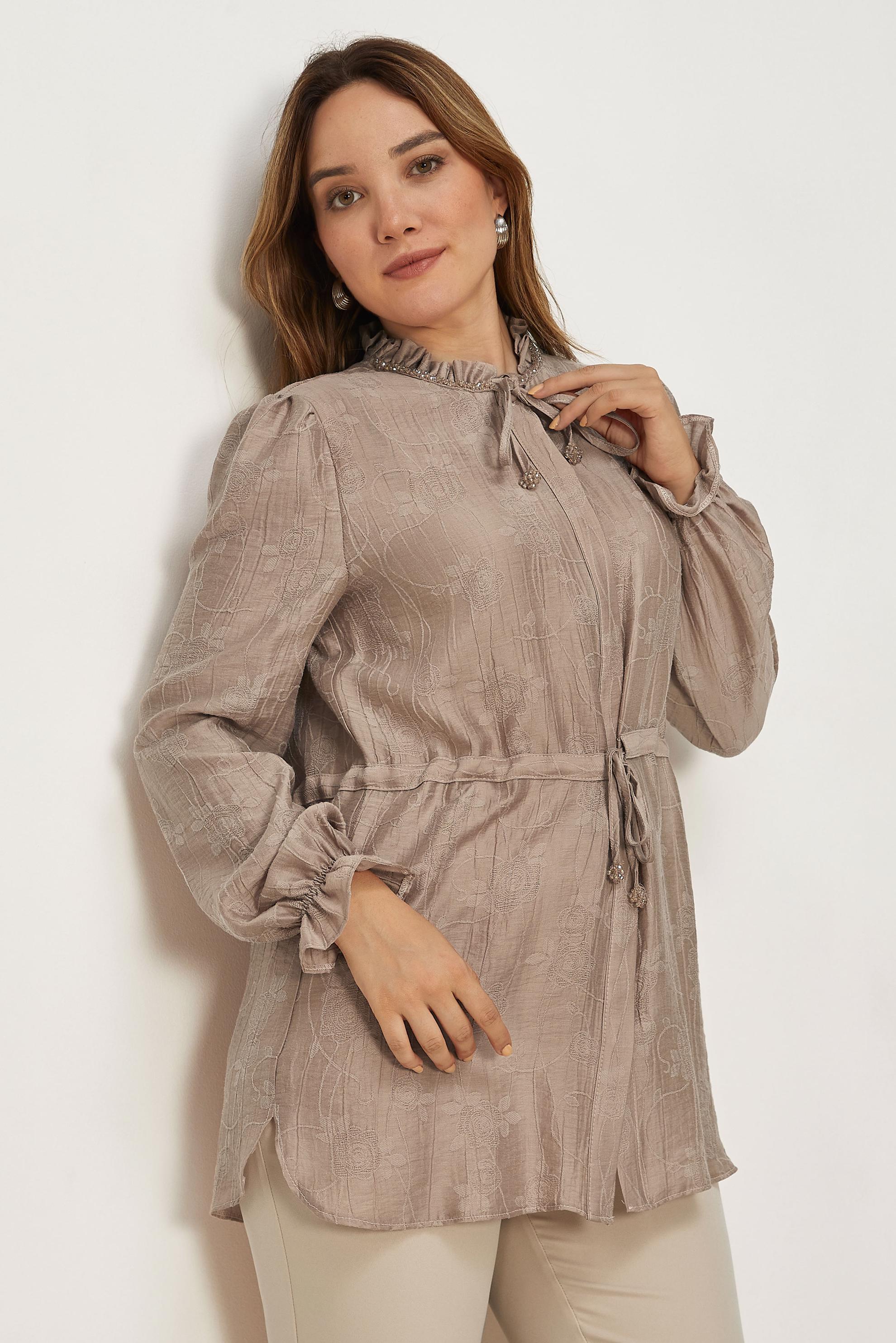 Tesettür giyim KAHVE BELİ BAĞCIKLI JAKAR TUNİK 46706