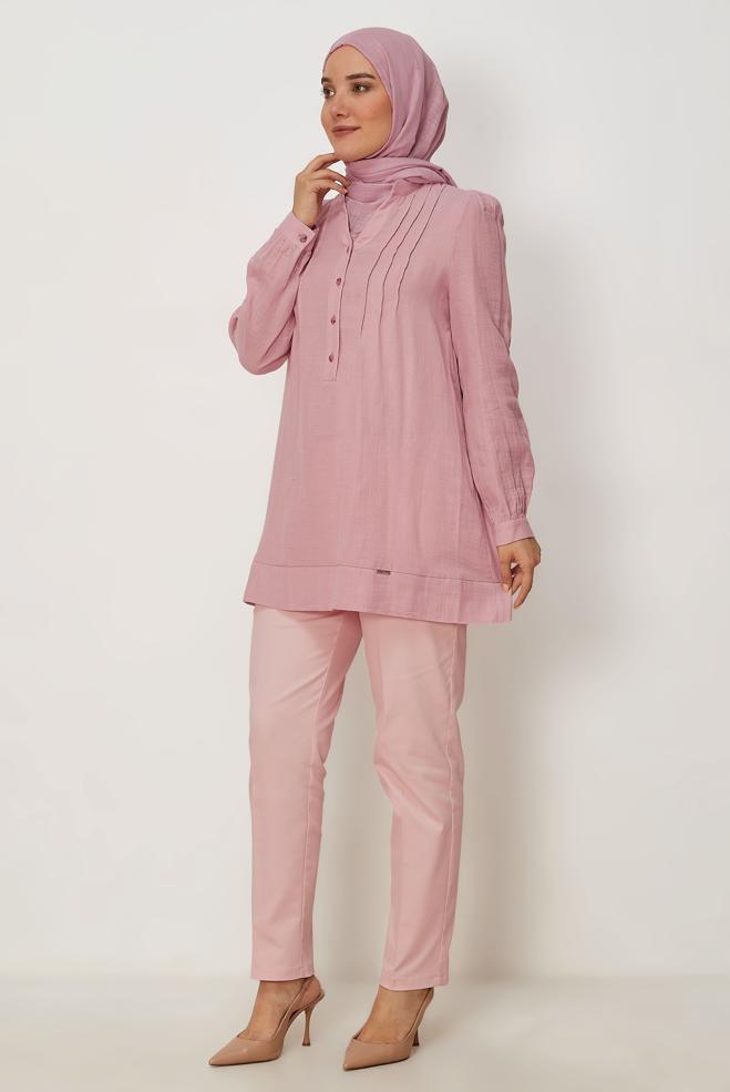 Tesettür giyim PEMBE HAKİM YAKA MÜSLİN TUNİK 46729 - ALVİNA