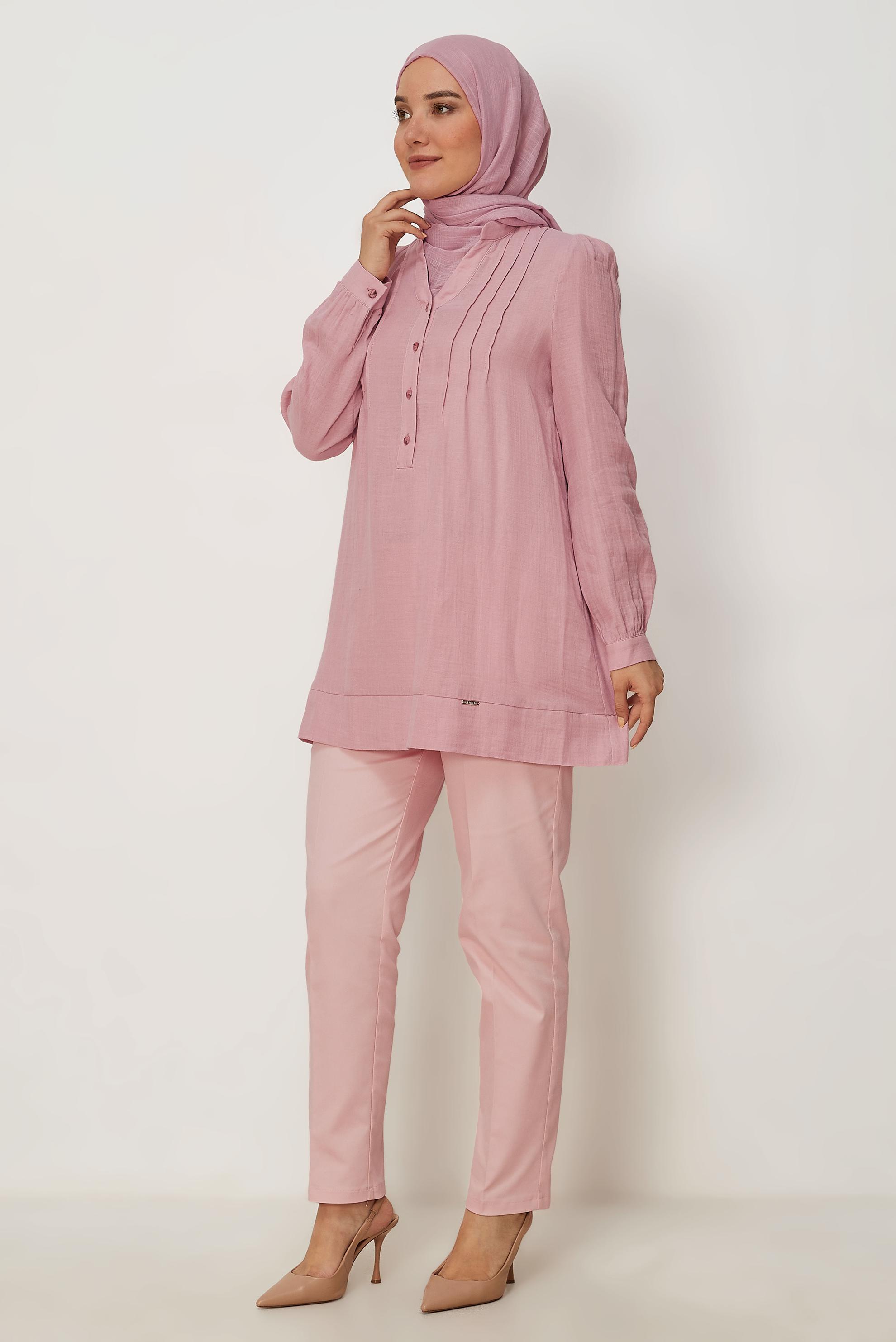 Tesettür giyim PEMBE HAKİM YAKA MÜSLİN TUNİK 46729