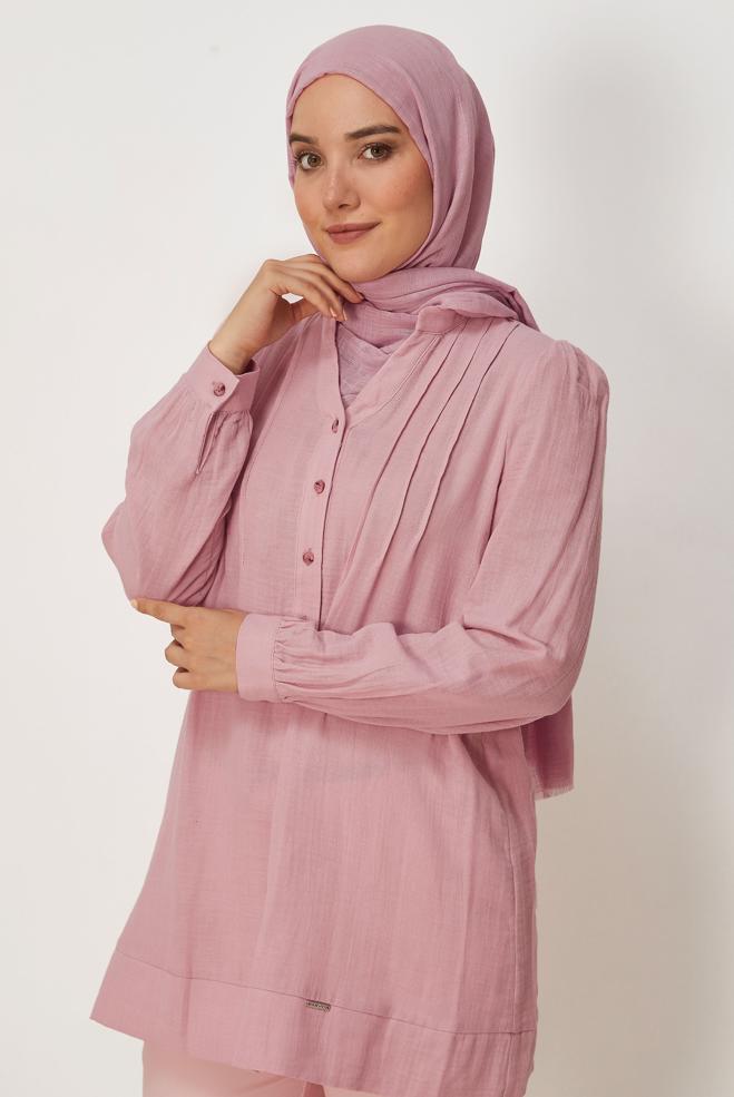 Tesettür giyim PEMBE HAKİM YAKA MÜSLİN TUNİK 46729 - ALVİNA