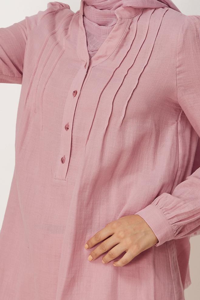 Tesettür giyim PEMBE HAKİM YAKA MÜSLİN TUNİK 46729 - ALVİNA