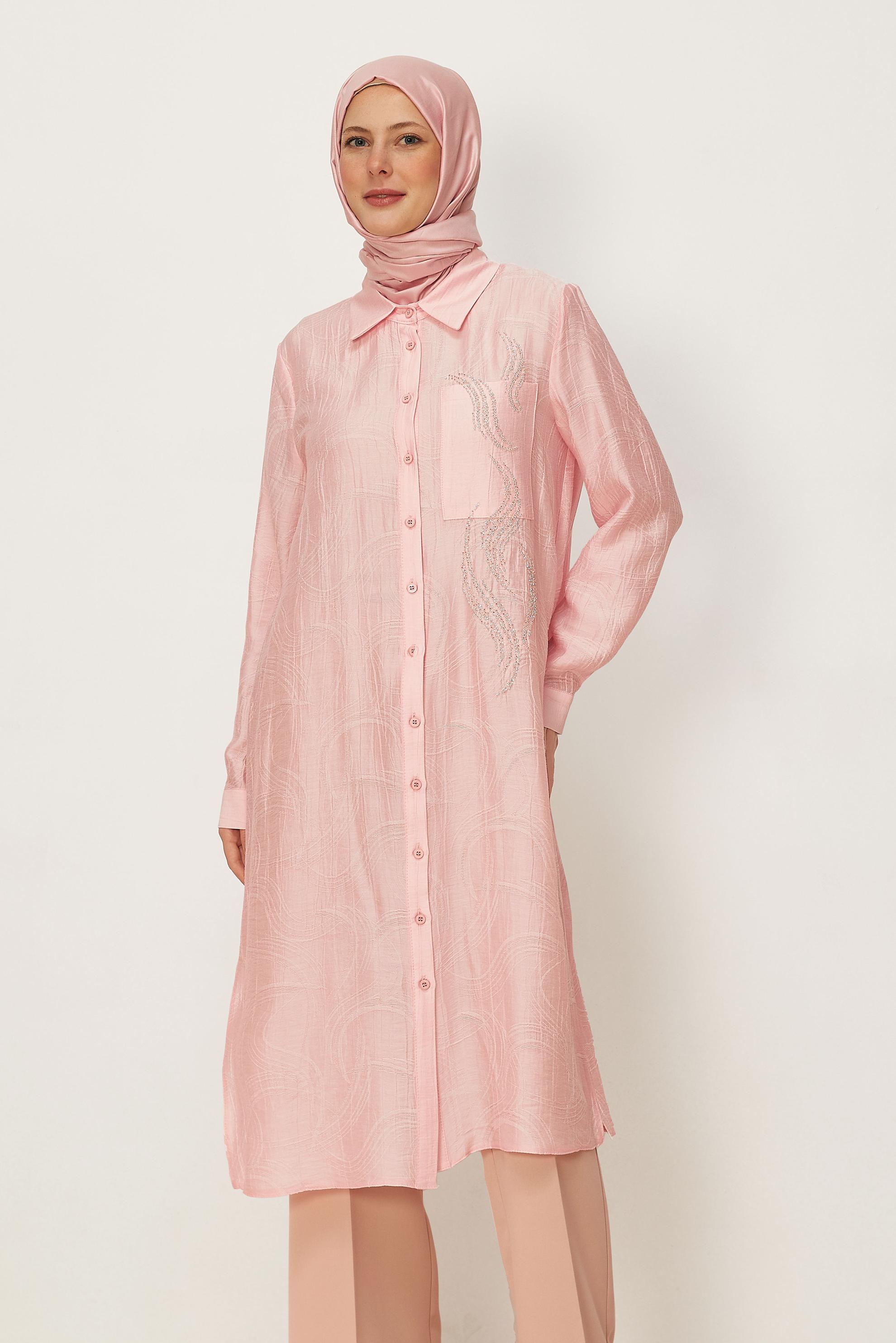 Tesettür giyim PEMBE BONCUK İŞLEMELİ JAKAR TUNİK 46731