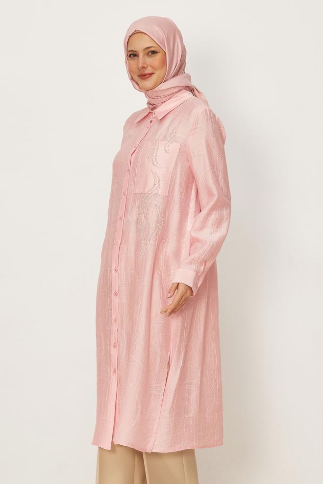 Tesettür giyim PEMBE BONCUK İŞLEMELİ JAKAR TUNİK 46731 - ALVİNA
