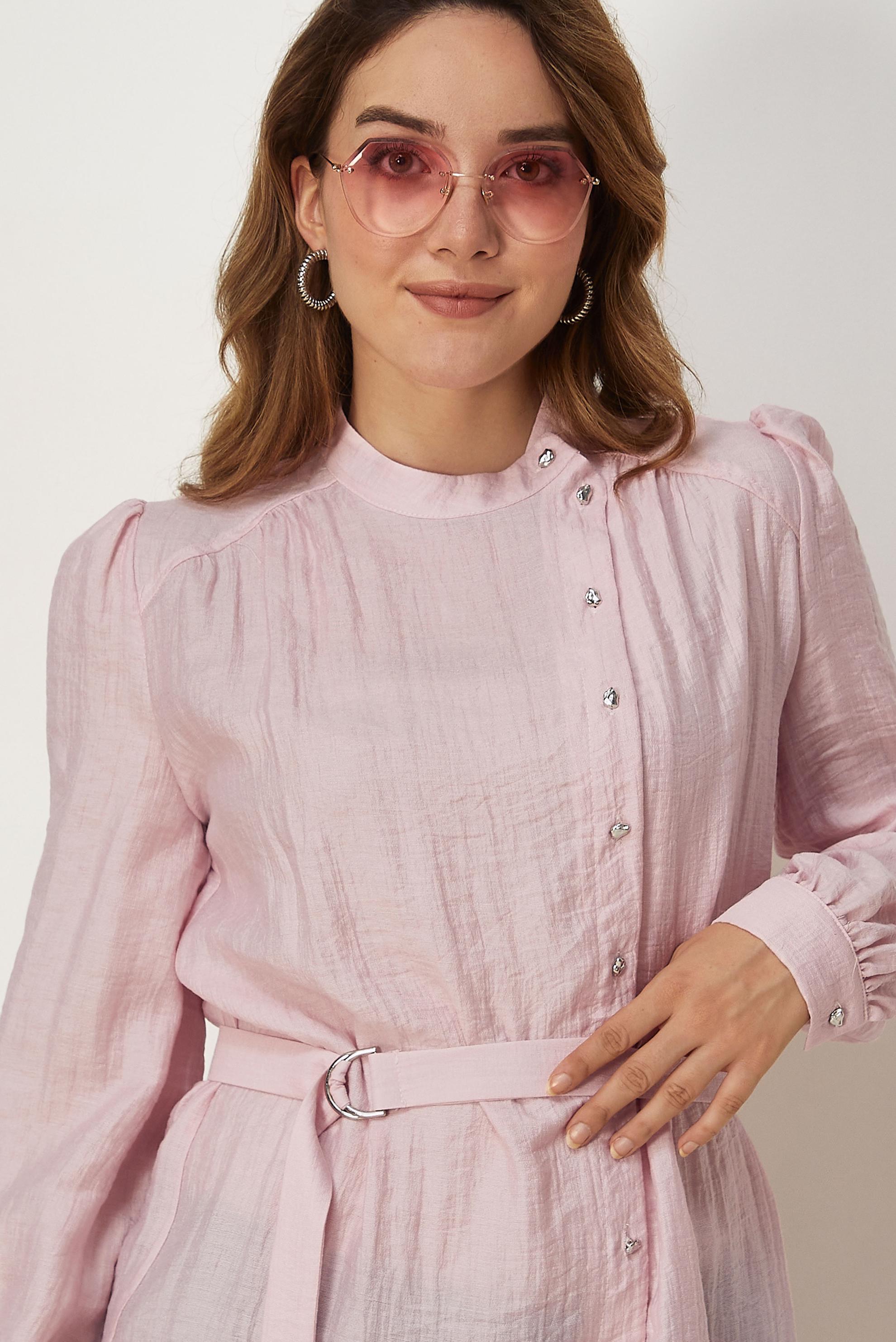 Tesettür giyim PEMBE KEMERLİ VİSKON TUNİK 46733