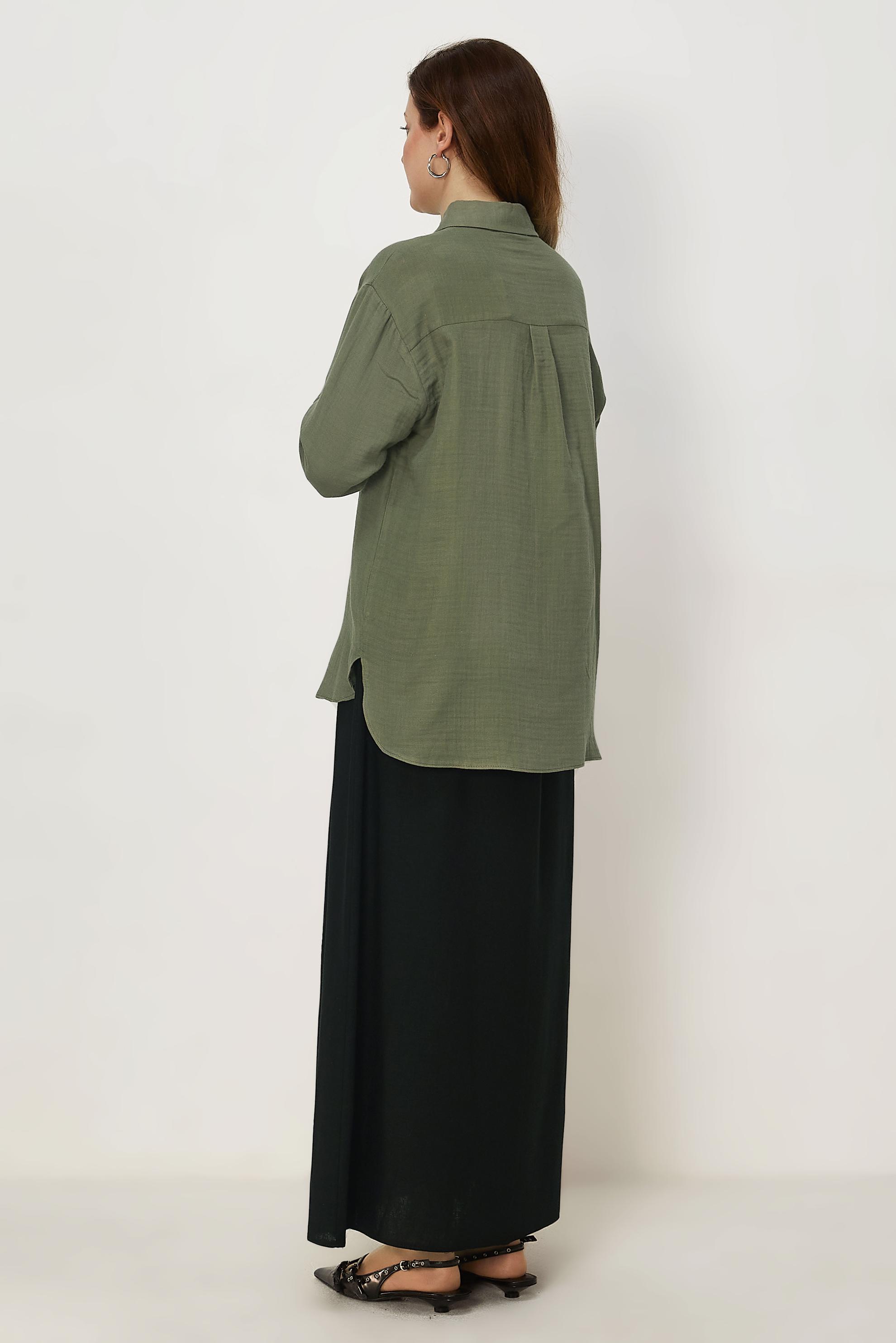 Tesettür giyim HAKİ GÖMLEK YAKA MÜSLİN TUNİK 46739