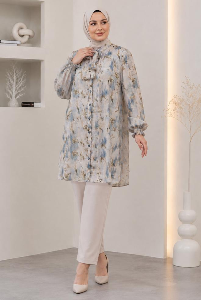 Hijab clothing BLUE PLUS SIZE PATTERNED TUNIC 46814 - ALVİNA