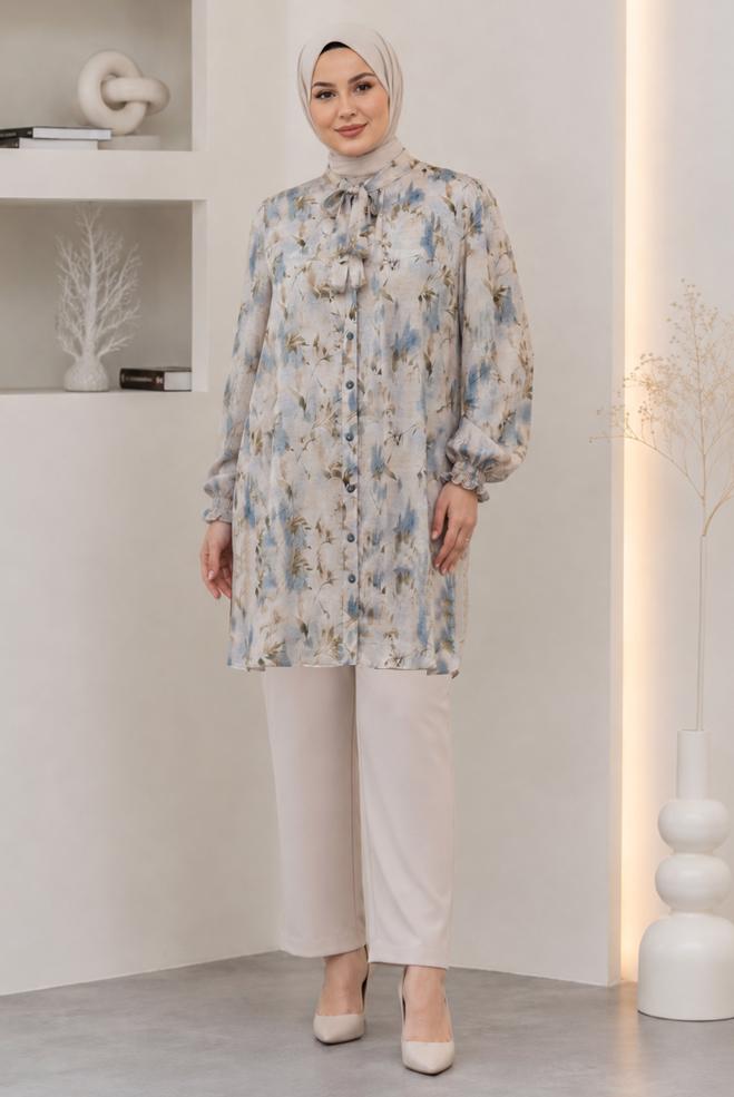 Hijab clothing BLUE PLUS SIZE PATTERNED TUNIC 46814 - ALVİNA