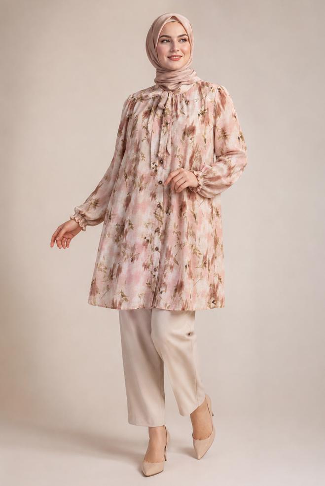 Hijab clothing BROWN PLUS SIZE PATTERNED TUNIC 46814 - ALVİNA