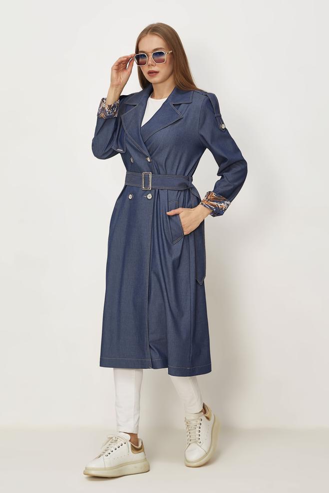Hijab-Kleidung NAVY BLAU TRENCHCOAT MIT GÜRTEL 11000 - ALVİNA