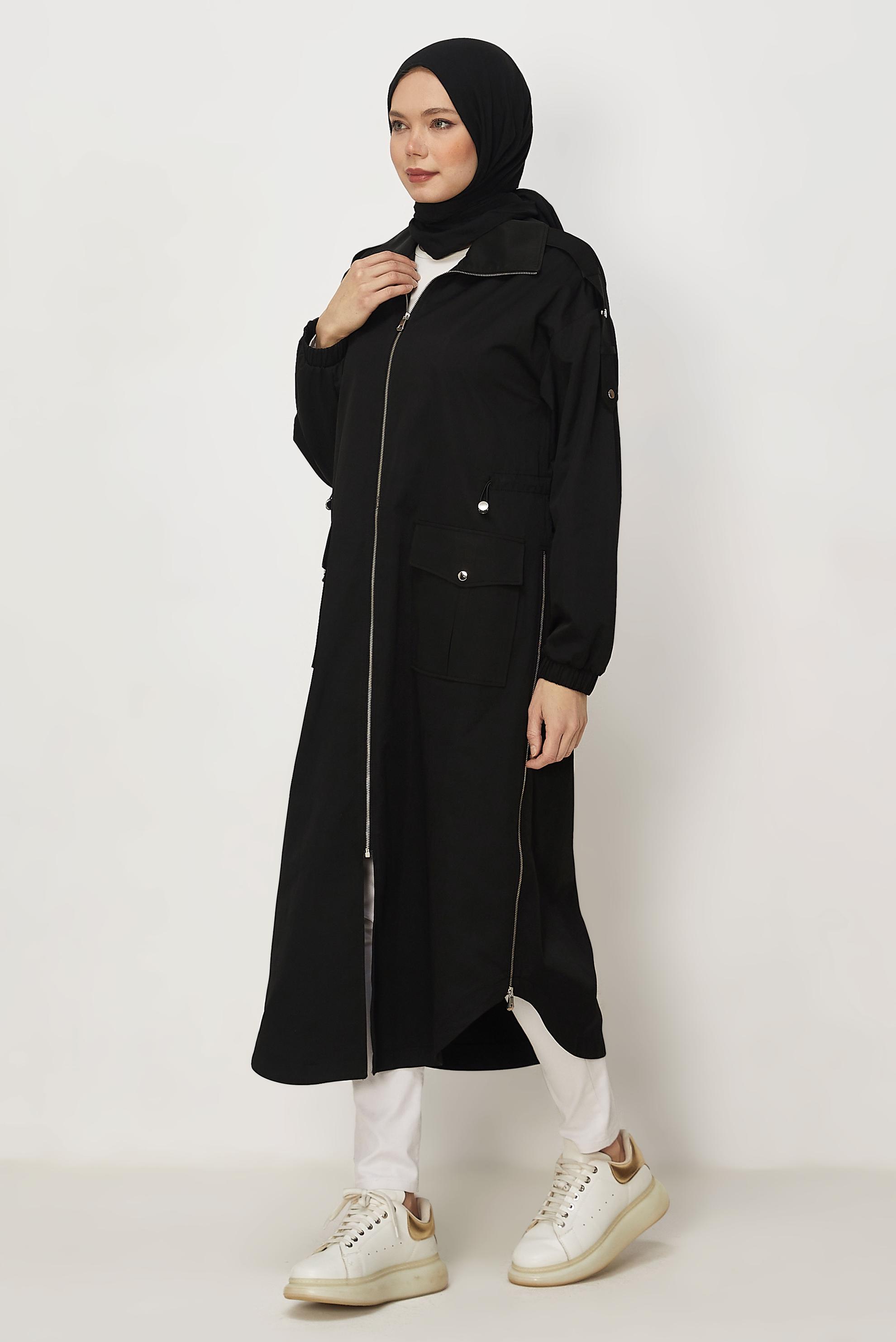 Hijab-Kleidung SCHWARZ GESMOKTER TAILLEN-TRENCHCOAT 11001