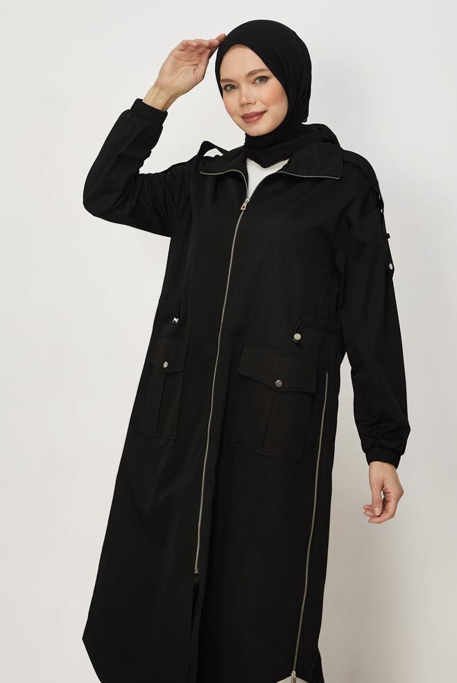 Hijab-Kleidung SCHWARZ GESMOKTER TAILLEN-TRENCHCOAT 11001 - ALVİNA