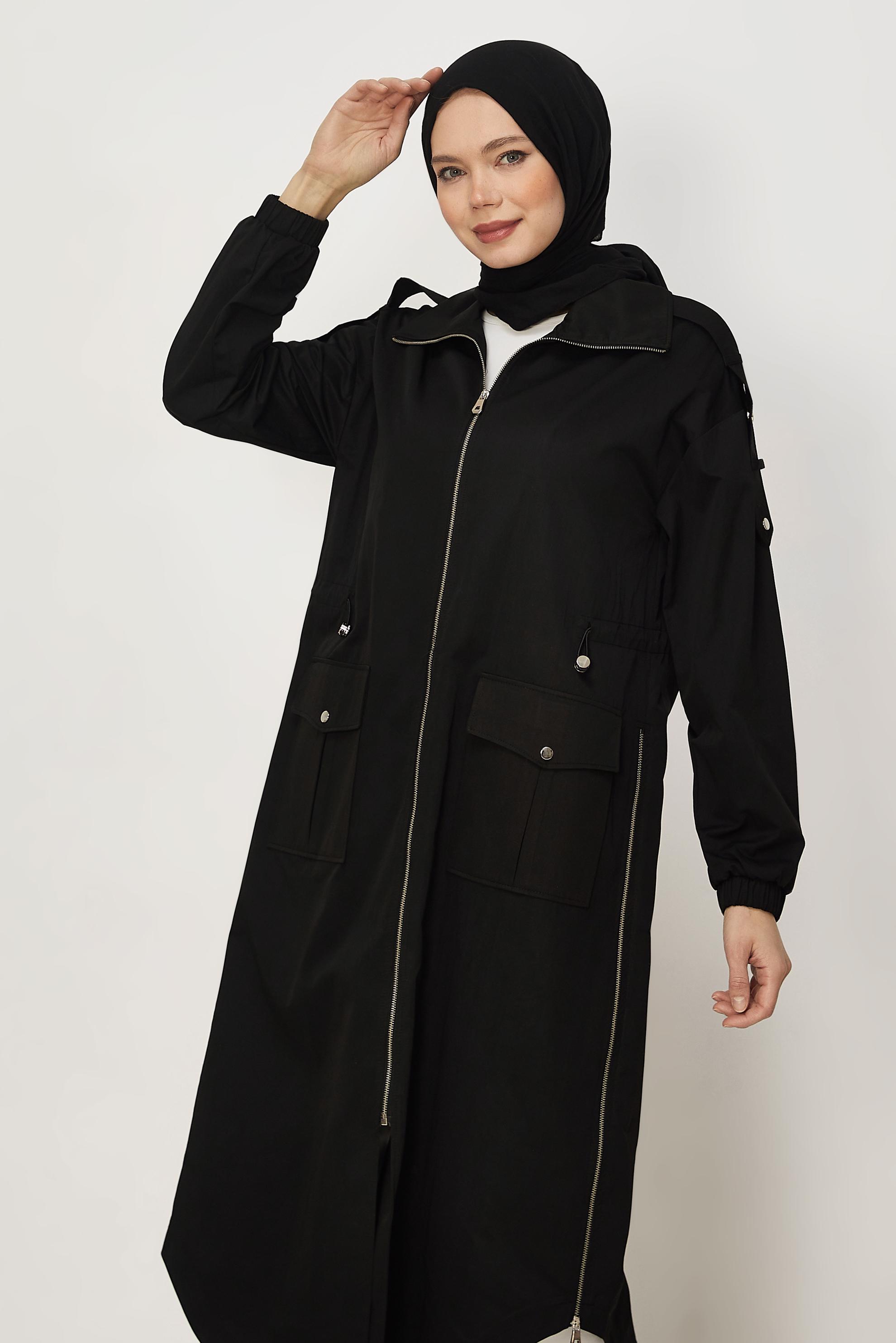Hijab-Kleidung SCHWARZ GESMOKTER TAILLEN-TRENCHCOAT 11001