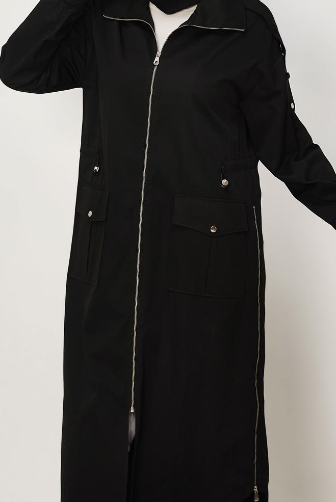 Hijab-Kleidung SCHWARZ GESMOKTER TAILLEN-TRENCHCOAT 11001 - ALVİNA