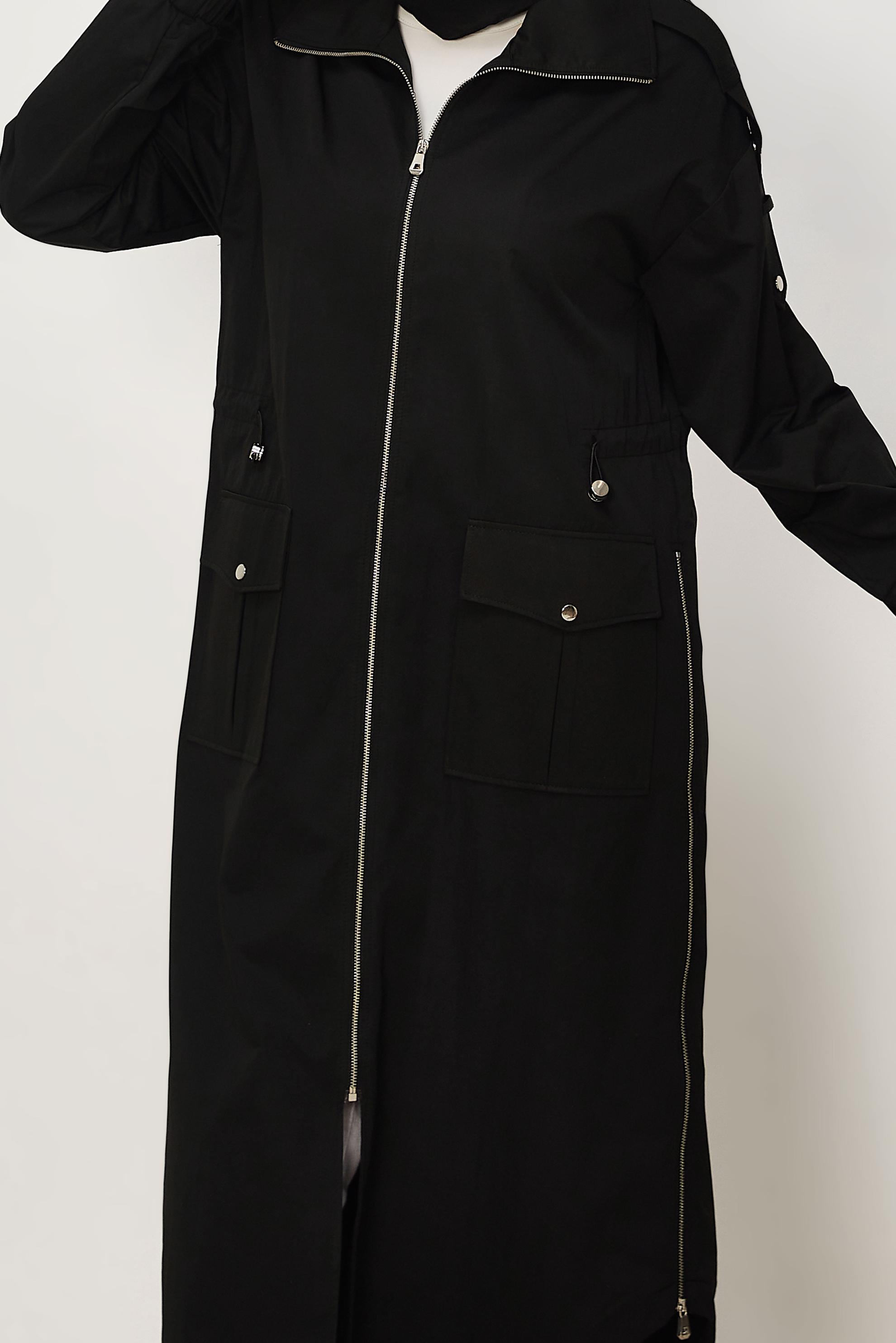 Hijab-Kleidung SCHWARZ GESMOKTER TAILLEN-TRENCHCOAT 11001