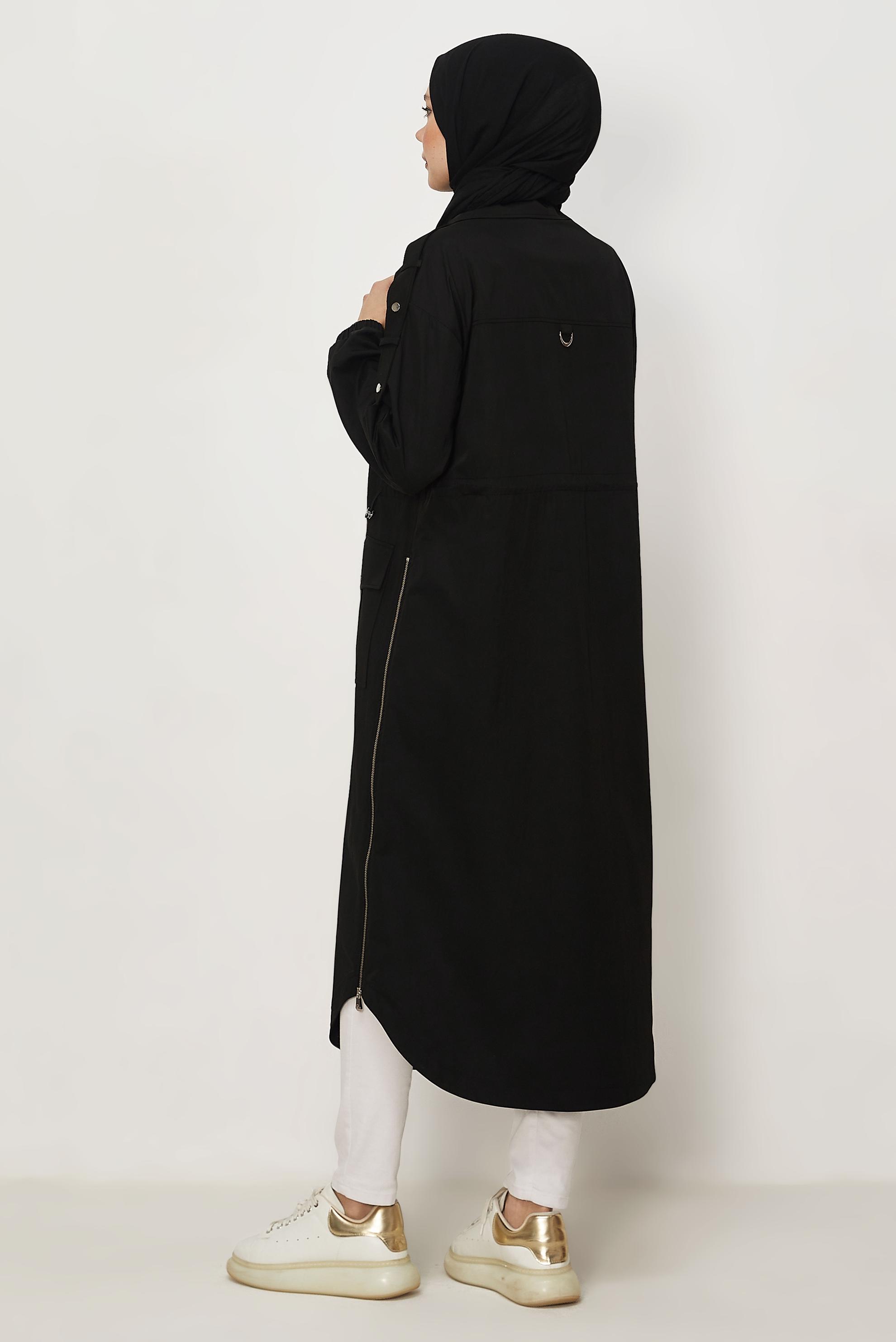 Hijab-Kleidung SCHWARZ GESMOKTER TAILLEN-TRENCHCOAT 11001