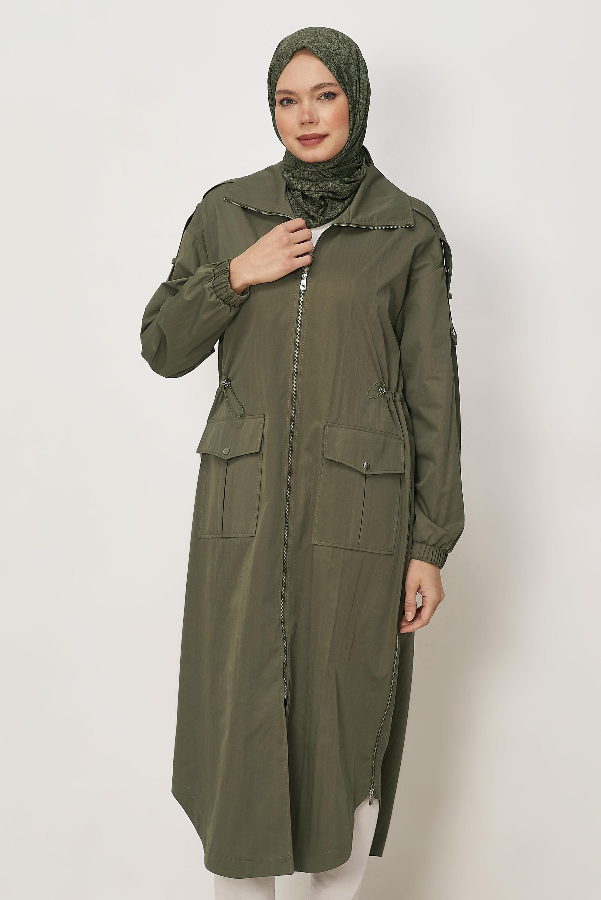Hijab-Kleidung KHAKI GESMOKTER TAILLEN-TRENCHCOAT 11001