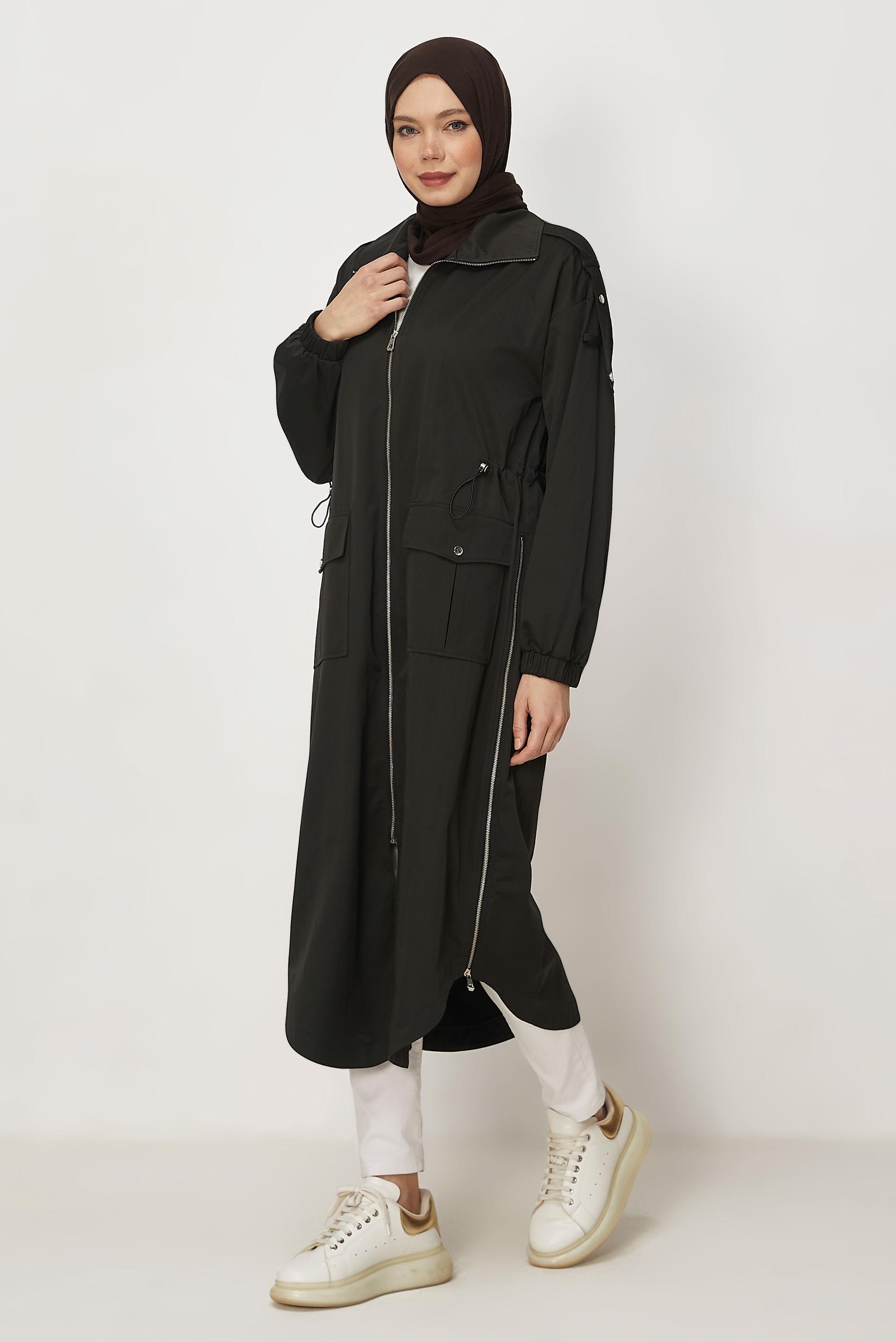 Hijab-Kleidung BRAUN GESMOKTER TAILLEN-TRENCHCOAT 11001