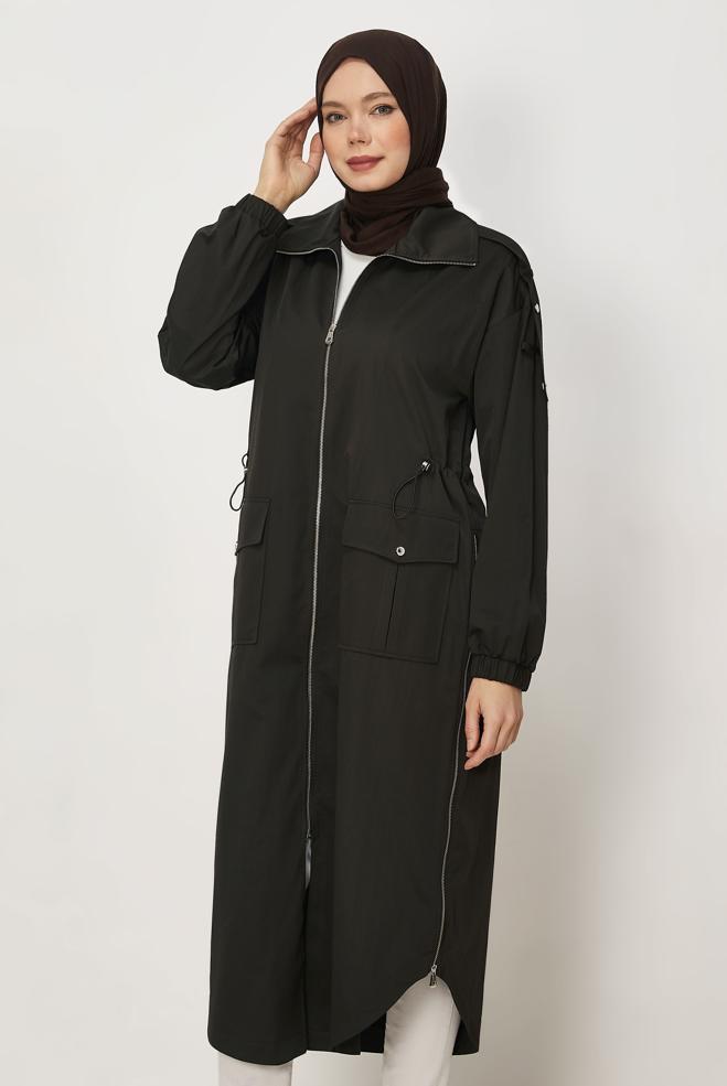 Hijab-Kleidung BRAUN GESMOKTER TAILLEN-TRENCHCOAT 11001 - ALVİNA