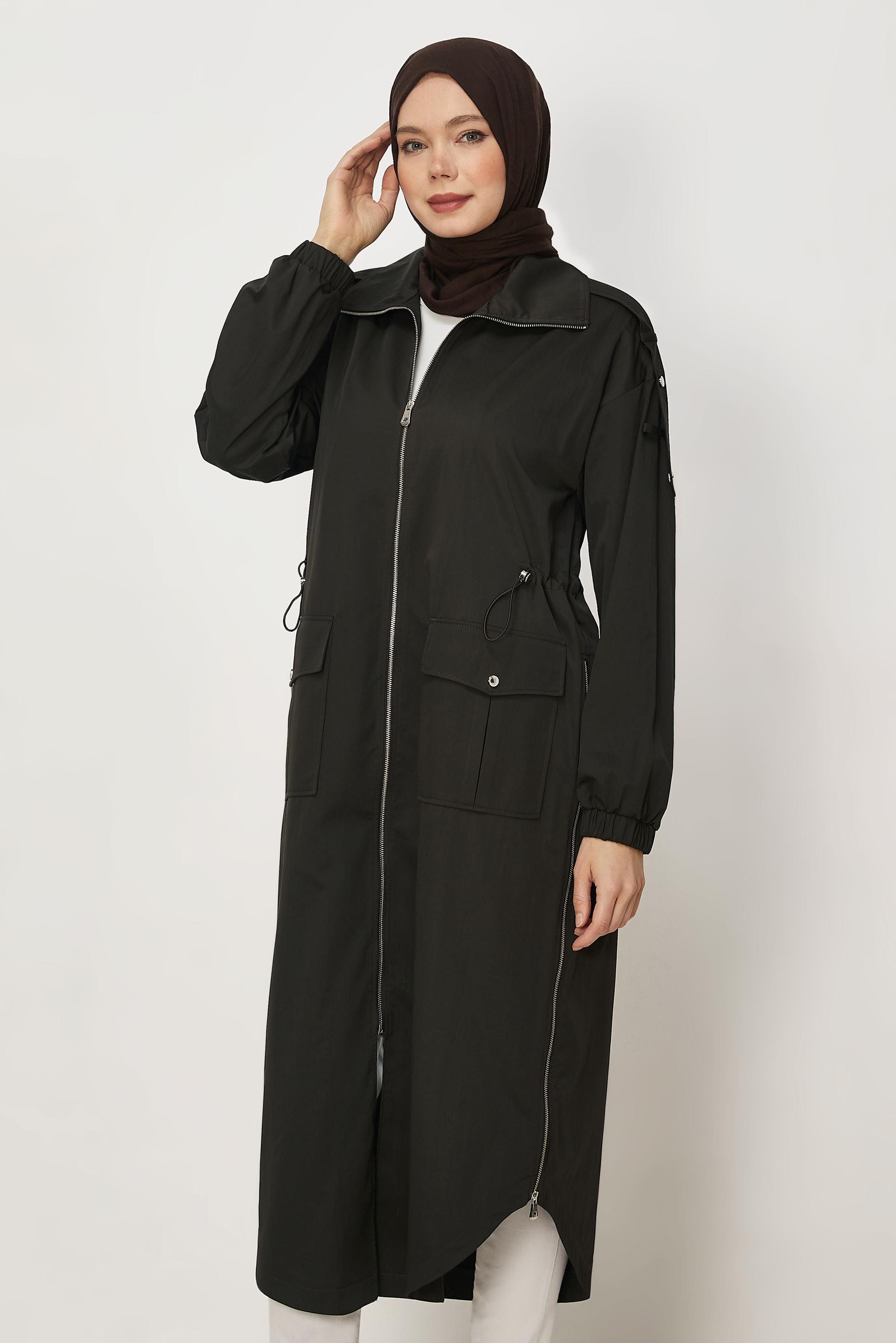 Hijab-Kleidung BRAUN GESMOKTER TAILLEN-TRENCHCOAT 11001