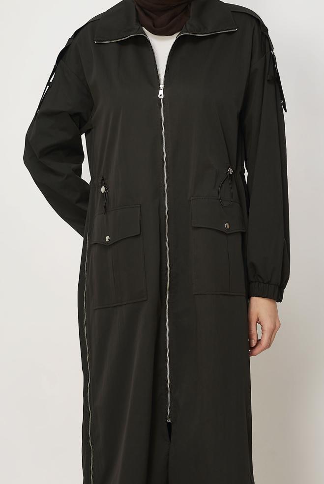 Hijab-Kleidung BRAUN GESMOKTER TAILLEN-TRENCHCOAT 11001 - ALVİNA
