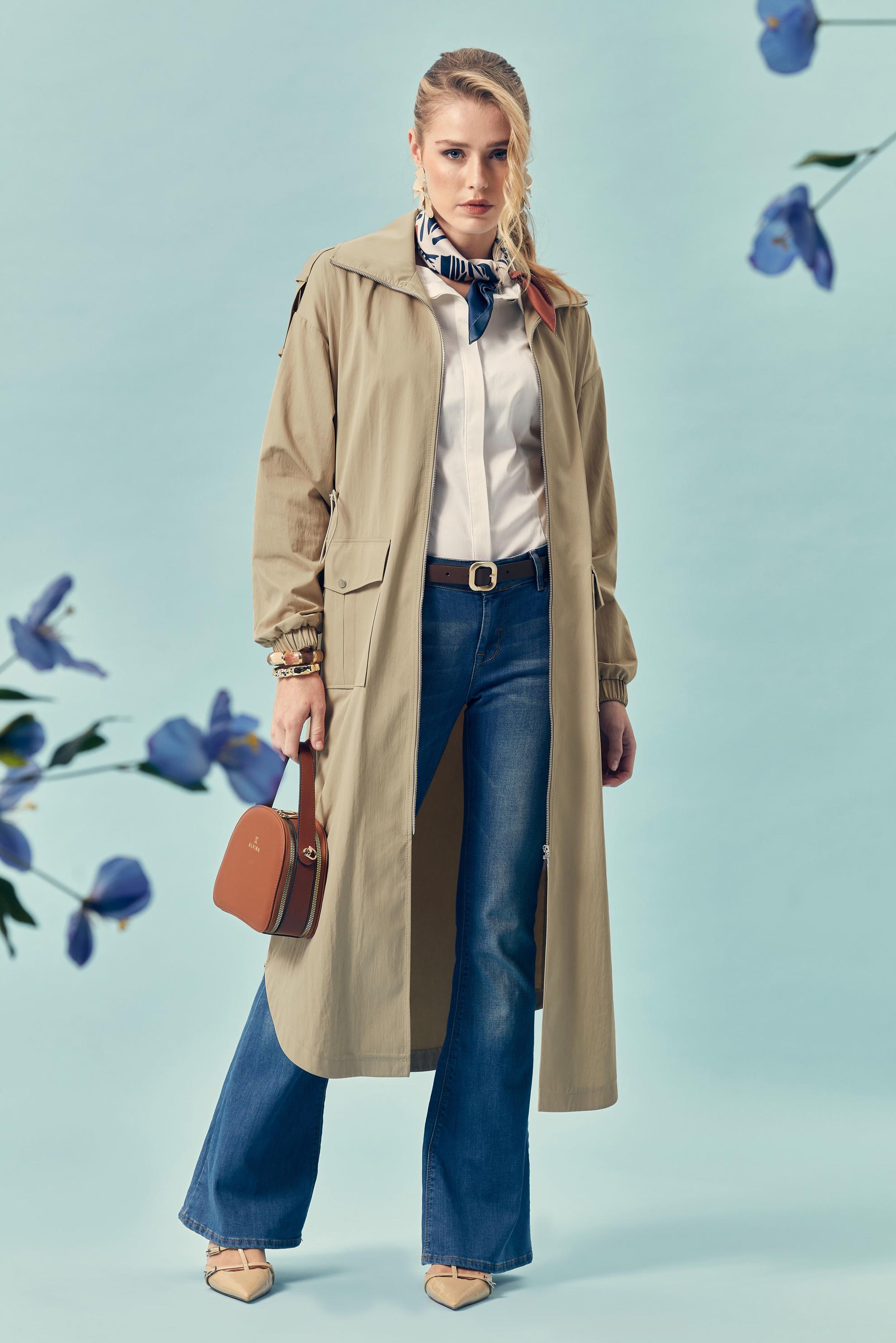 Hijab-Kleidung SAND GESMOKTER TAILLEN-TRENCHCOAT 11001