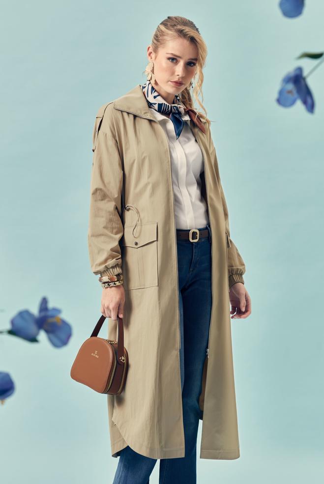 Hijab-Kleidung SAND GESMOKTER TAILLEN-TRENCHCOAT 11001 - ALVİNA