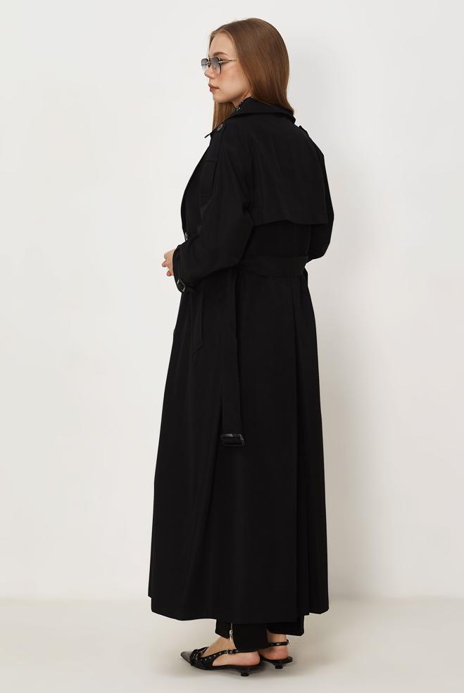 Hijab-Kleidung SCHWARZ TRENCHCOAT MIT GÜRTEL 11002 - ALVİNA
