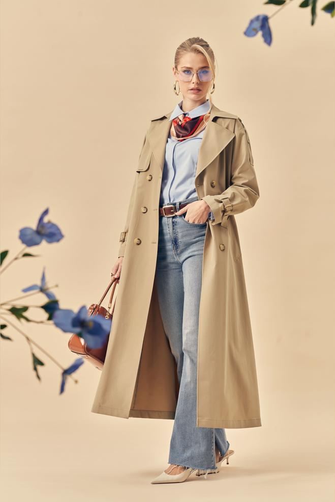 Hijab-Kleidung BRAUN TRENCHCOAT MIT GÜRTEL 11002 - ALVİNA