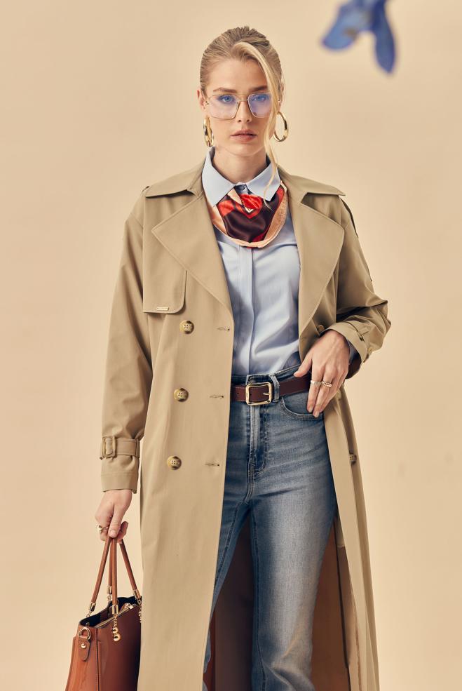 Hijab-Kleidung BRAUN TRENCHCOAT MIT GÜRTEL 11002 - ALVİNA