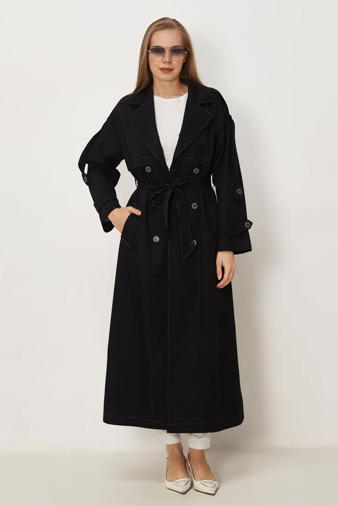 Hijab-Kleidung SCHWARZ TRENCHCOAT MIT GÜRTEL 11003 - ALVİNA