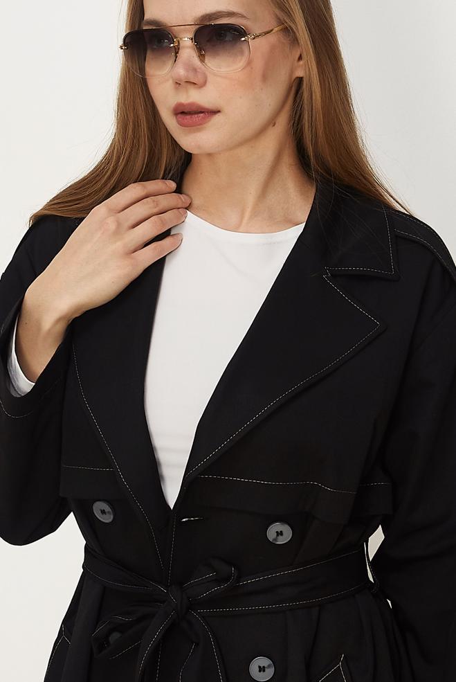 Hijab-Kleidung SCHWARZ TRENCHCOAT MIT GÜRTEL 11003 - ALVİNA