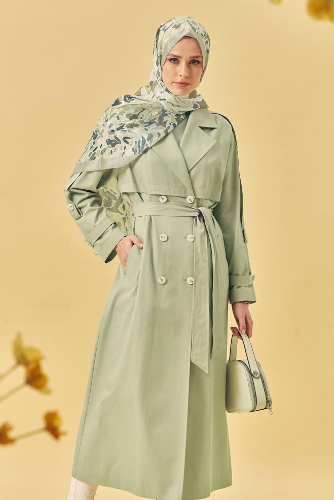 Hijab-Kleidung GRÜN TRENCHCOAT MIT GÜRTEL 11003 - ALVİNA