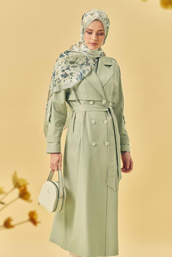 Hijab-Kleidung GRÜN TRENCHCOAT MIT GÜRTEL 11003 - ALVİNA