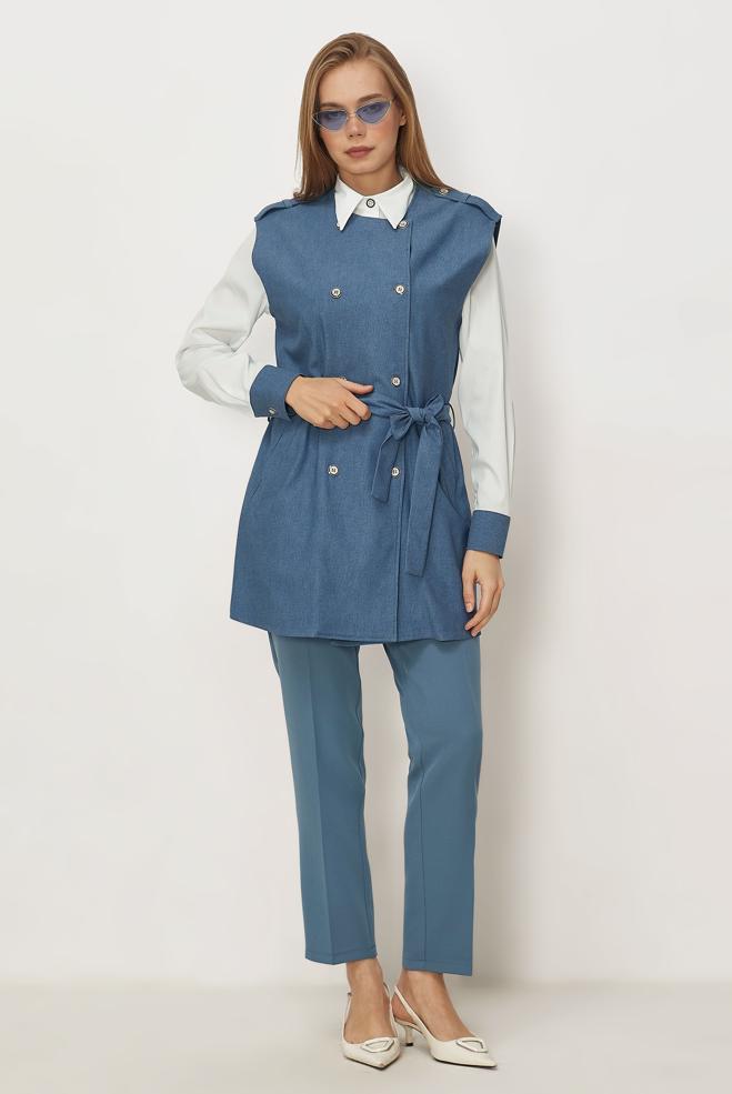 Hijab clothing BLUE BELTED VEST AND TUNIC 46302 - ALVİNA