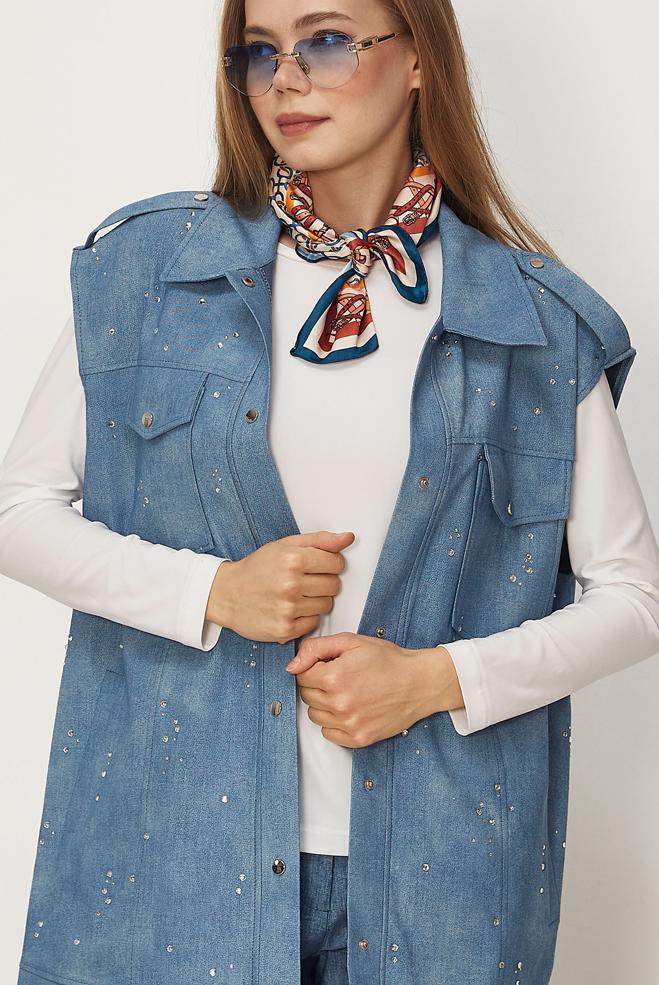 Hijab-Kleidung BLAU WESTE MIT DENIM-LOOK 46382 - ALVİNA
